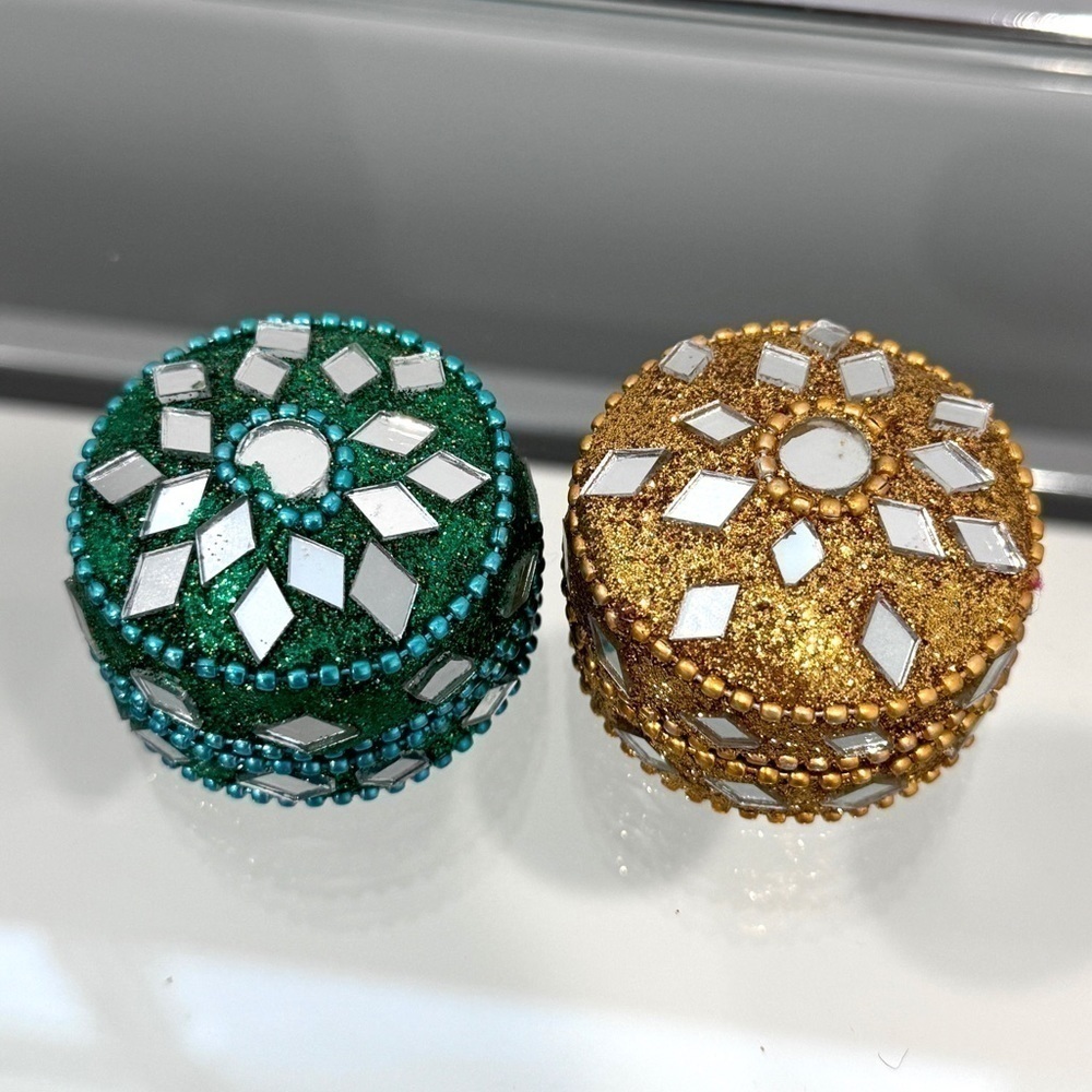Vintage Indian Mosaic Green and Yellow Trinket Boxes (2)